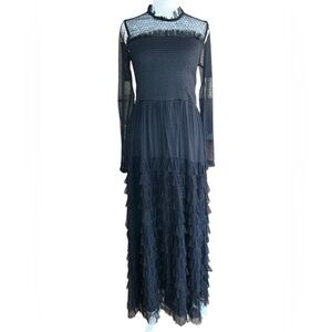 RENE DERHY Paris Goth Polka Dot Black Lace Layered Tulle Maxi Dress Sz S French